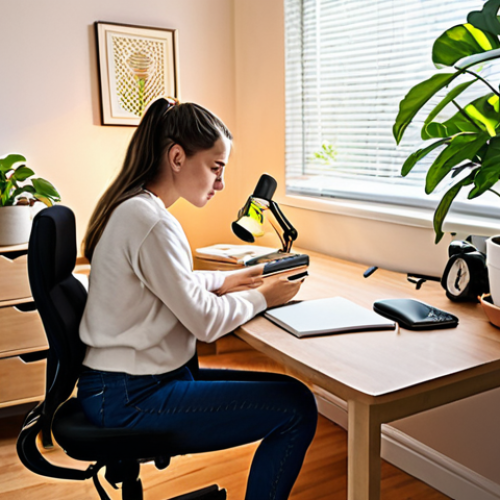 Home 11 **A cozy, well-lit home study area with an organized desk, plants, and ergonomic chair. A person is studying with a focused expression, minimizing distractions like a phone.** (Focus: Ideal learning environment)