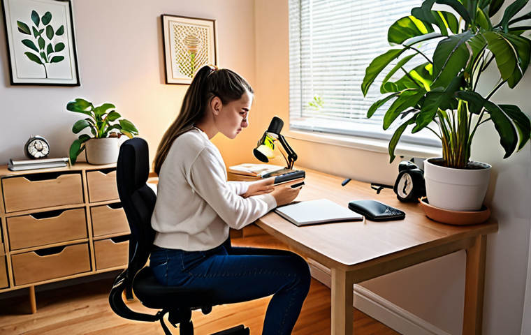 **A cozy, well-lit home study area with an organized desk, plants, and ergonomic chair. A person is studying with a focused expression, minimizing distractions like a phone.** (Focus: Ideal learning environment)