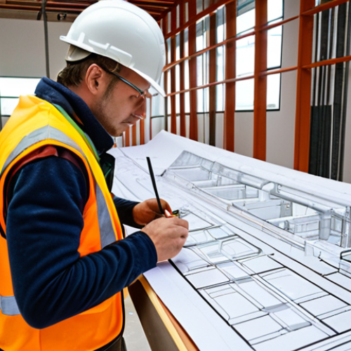 Home 6 **
A busy construction site in Germany. An electrician meticulously studies a large architectural blueprint, highlighting sections with a marker. In the background, other workers are installing electrical wiring and conduits in a modern building under construction. Safety vests and hard hats are visible. Focus on the electrician's concentration and the complexity of the blueprint.
**