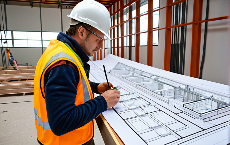 **
A busy construction site in Germany. An electrician meticulously studies a large architectural blueprint, highlighting sections with a marker. In the background, other workers are installing electrical wiring and conduits in a modern building under construction. Safety vests and hard hats are visible. Focus on the electrician's concentration and the complexity of the blueprint.
**
