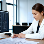 A focused and highly professional female electrical engineer, fully clothed in a modest business suit, meticulously reviewing complex electrical blueprints and VDE norm documents on a large, illuminated desk in a modern, well-organized engineering office. The background shows subtle indications of technical diagrams on a screen. The image emphasizes precision and expertise. Safe for work, appropriate content, professional, perfect anatomy, correct proportions, natural pose, well-formed hands, proper finger count, natural body proportions, professional photography, high quality.
