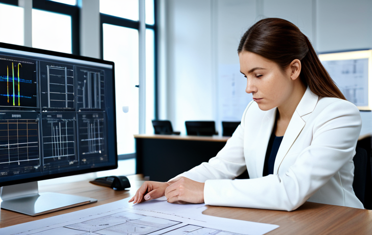 A focused and highly professional female electrical engineer, fully clothed in a modest business suit, meticulously reviewing complex electrical blueprints and VDE norm documents on a large, illuminated desk in a modern, well-organized engineering office. The background shows subtle indications of technical diagrams on a screen. The image emphasizes precision and expertise. Safe for work, appropriate content, professional, perfect anatomy, correct proportions, natural pose, well-formed hands, proper finger count, natural body proportions, professional photography, high quality.