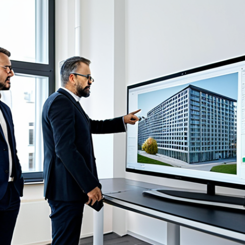 BIM Collaboration**

"A bright, modern architectural office in Berlin. Two architects, fully clothed in professional attire, are reviewing a large digital building model (BIM) on a screen. They are discussing details, pointing at the screen. The model showcases electrical installations.  Safe for work, appropriate content, professional, perfect anatomy, natural pose, well-lit, high quality render."

**