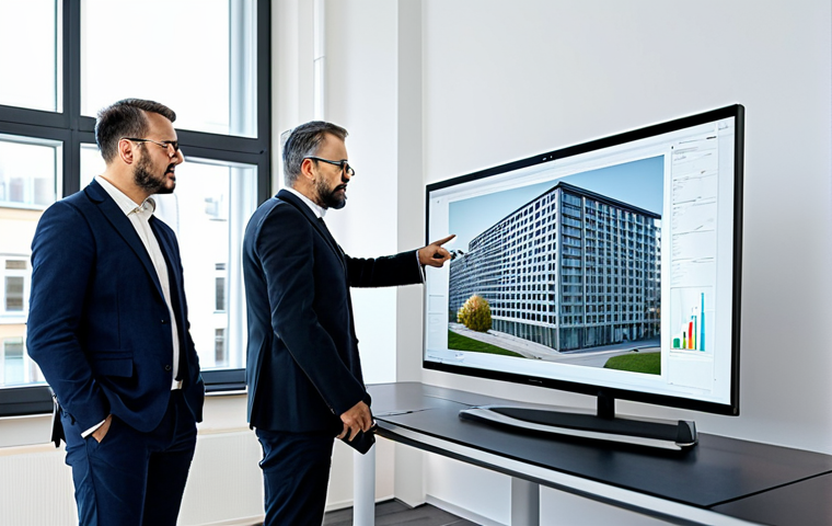 BIM Collaboration**
"A bright, modern architectural office in Berlin. Two architects, fully clothed in professional attire, are reviewing a large digital building model (BIM) on a screen. They are discussing details, pointing at the screen. The model showcases electrical installations. Safe for work, appropriate content, professional, perfect anatomy, natural pose, well-lit, high quality render."
**
