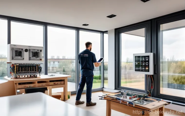 건축전기설비기사 최신 기출문제 다운로드 방법 - **Modern Electrician at a Smart Home Installation:** A wide shot of a focused, diverse electrician (...