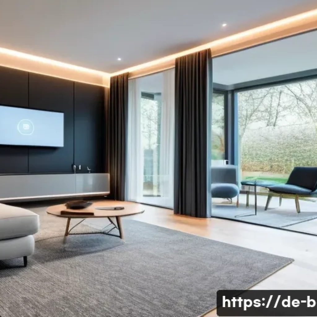 건축전기설비기사 시험 대비 최신 트렌드 - A modern German smart home interior showcasing an intelligent building management system in action: ...