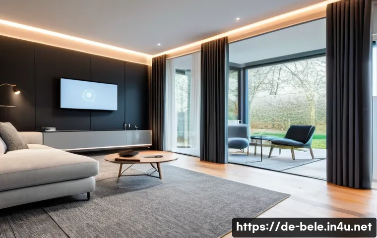 건축전기설비기사 시험 대비 최신 트렌드 - A modern German smart home interior showcasing an intelligent building management system in action: ...
