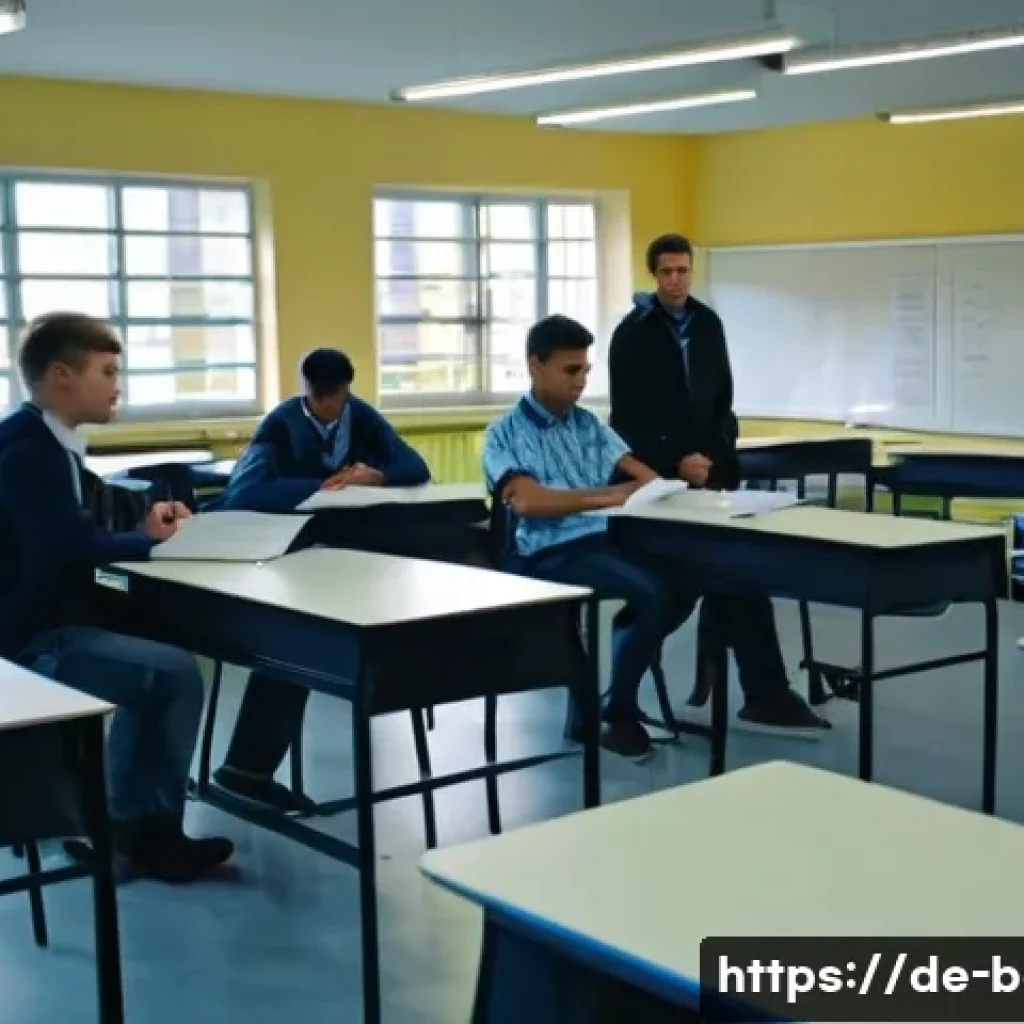 건축전기설비기사 시험 응시료 비용 - A detailed scene of a German vocational exam center for construction and electrical technicians, sho...