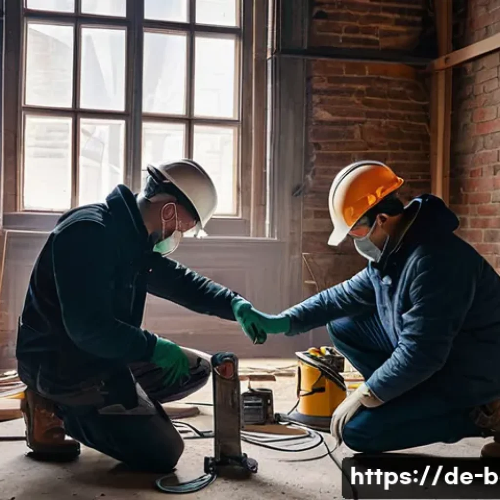 건축전기설비기사 현장 경험 공유 - A professional German construction electrician team working inside a historic old building with expo...