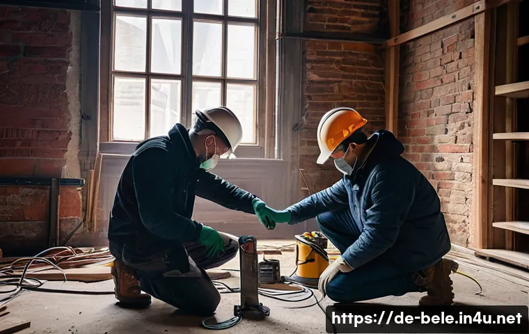 건축전기설비기사 현장 경험 공유 - A professional German construction electrician team working inside a historic old building with expo...