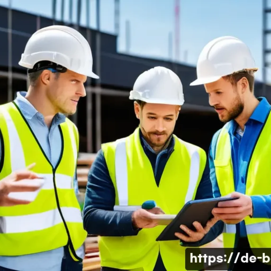 건축전기설비기사 취업 후 실무 적응 팁 - A diverse construction team on a busy German construction site, including an electrician, a site man...