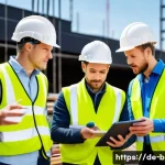 Home 22 건축전기설비기사 취업 후 실무 적응 팁 - A diverse construction team on a busy German construction site, including an electrician, a site man...