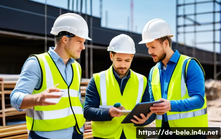 건축전기설비기사 취업 후 실무 적응 팁 - A diverse construction team on a busy German construction site, including an electrician, a site man...