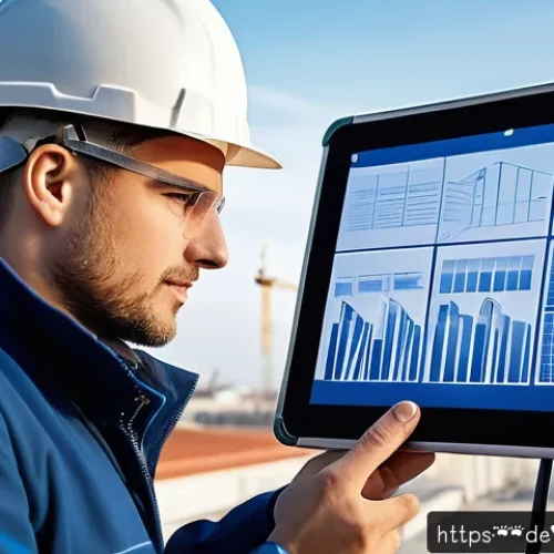 Home 32 건축전기설비기사 전기 설계 기본 원리 - A modern construction site showing an electrical engineer reviewing detailed CAD blueprints on a dig...