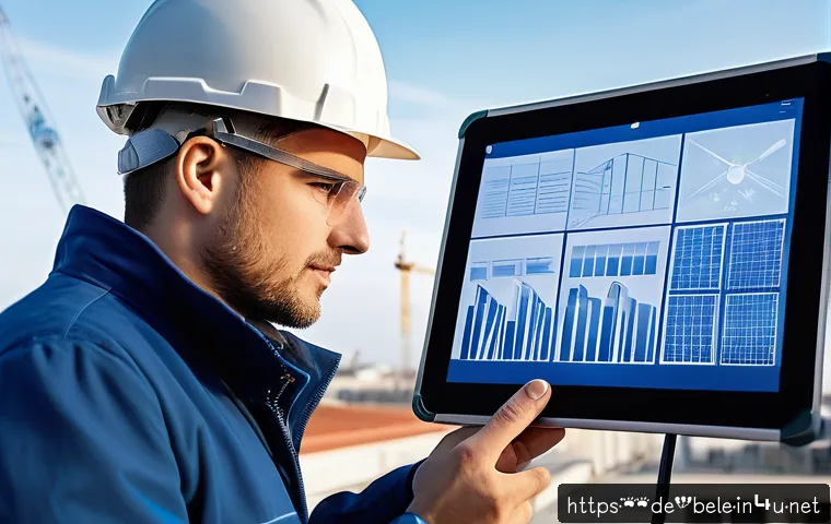 건축전기설비기사 전기 설계 기본 원리 - A modern construction site showing an electrical engineer reviewing detailed CAD blueprints on a dig...