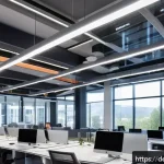 Home 19 건축전기설비기사의 업무와 전기기사 업무 차이 - A modern office building interior showcasing the collaboration between architectural electrical engi...