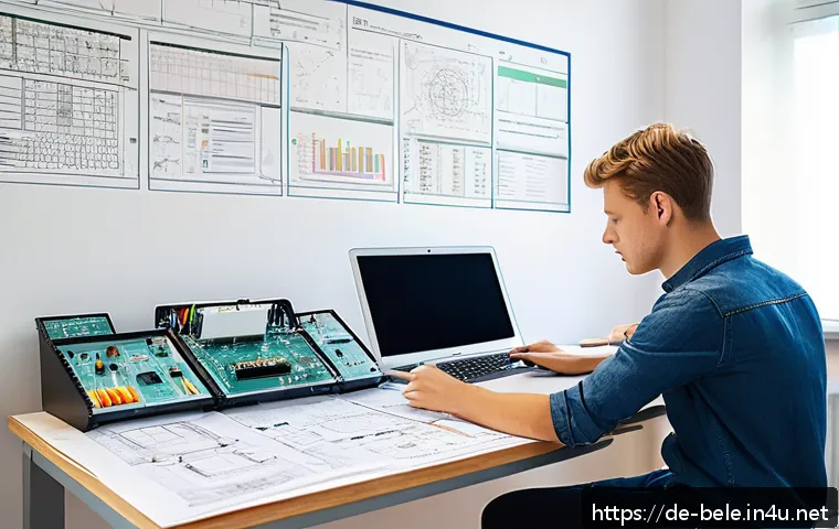 건축전기설비기사 시험 대비 암기 노하우 - A focused young German electrician in casual workwear studying complex electrical engineering schema...