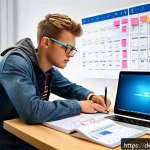 Home 23 건축전기설비기사 자격증 취득 기간 단축법 - A young adult German apprentice electrician studying at a modern desk filled with technical textbook...