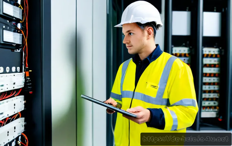Home 17 건축전기설비기사 자격증의 취업 경쟁력 - Photorealistic German electrical building systems engineer in professional workwear inspecting a mod...